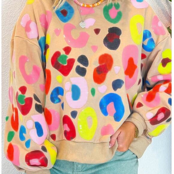 Khaki Multicolor Leopard Printed Drop Shoulder Pullover Sweatshirt Kawaii - Picture 1 of 8